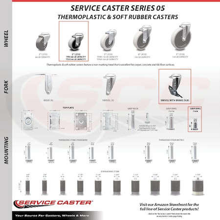 Service Caster 2 Inch Thermoplastic Wheel 7/8 Grip Ring Stem Caster Set with Brakes, 5PK SCC-GR05S210-TPRS-SLB-71678-5